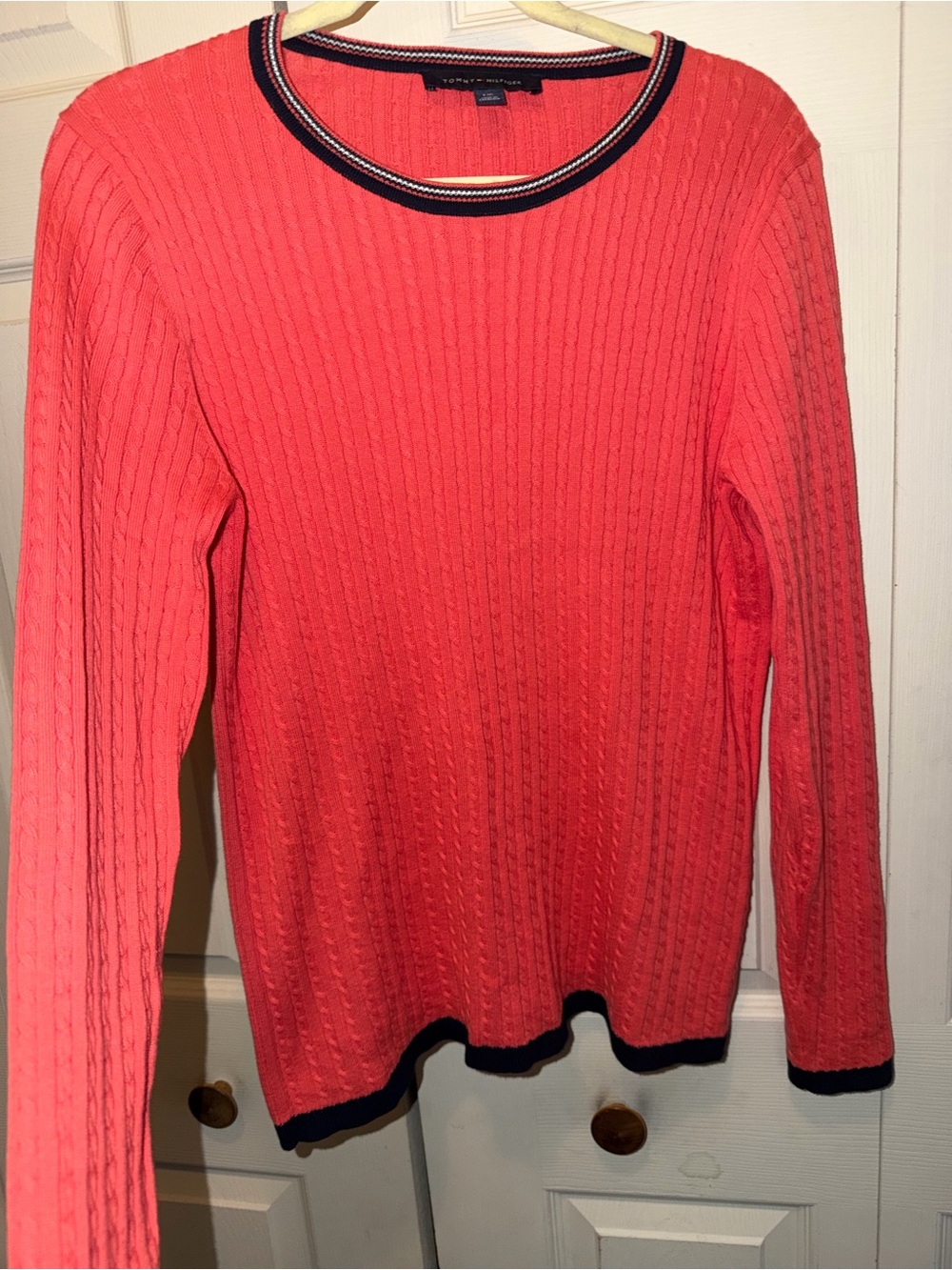 Tommy Hilfiger Coral Cable Knit Sweater with Navy Trim